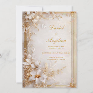 Gold White Floral Marble Glamourous Wedding Invitation