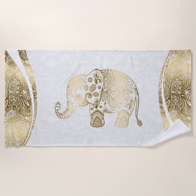 Gold & White Floral Paisley Elephant Beach Towel (Front)