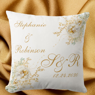Gold White Floral Watercolor Monogram Wedding Cushion