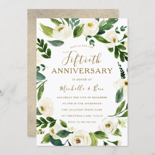 Gold White Floral Wreath 50th Wedding Anniversary Invitation