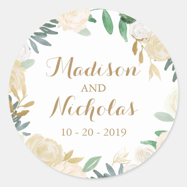 Gold White Flower Wedding Envelope Seal Stickers (Front)