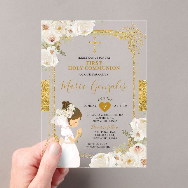 Gold White Flowers Girl First Holy Communion Acrylic Invitations (Insitu (Handheld))