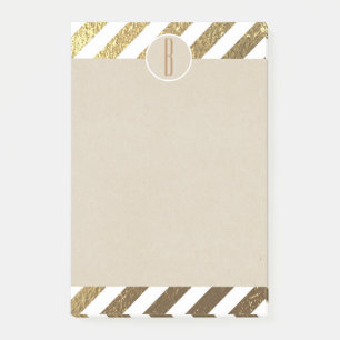 Gold & White Foil Stripes Kraft Rustic Monogram Post-it Notes