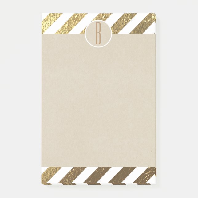 Gold & White Foil Stripes Kraft Rustic Monogram Post-it Notes (Front)