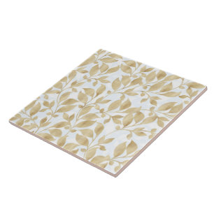 Gold White foliage pattern Ceramic Tile