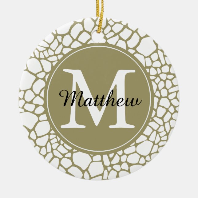 Gold White Giraffe Print Monogram Ceramic Tree Decoration (Front)