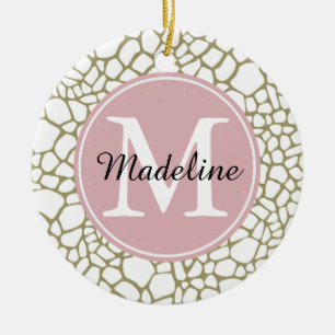Gold White Giraffe Print Monogram Ceramic Tree Decoration