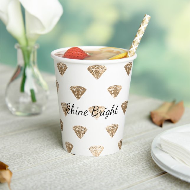 Gold White Glam Diamonds Bridal Shower Paper Cups (Insitu)