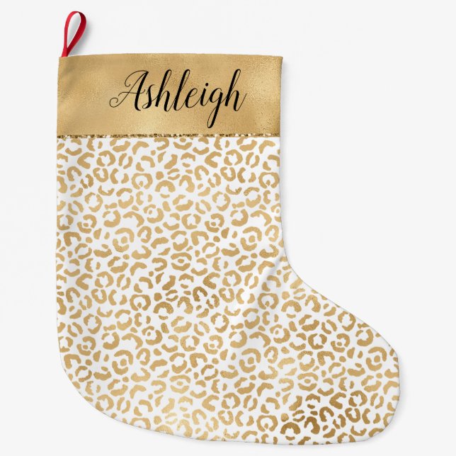 Gold White Glam Leopard Print Large Christmas Stocking (Front)