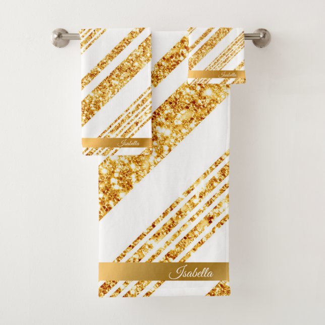 Gold White Glitter Boho Popular Stripes Collection Bath Towel Set (Insitu)