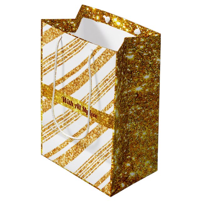 Gold White Glitter Boho Popular Stripes Collection Medium Gift Bag (Front Angled)