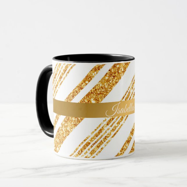 Gold White Glitter Boho Popular Stripes Collection Mug (Front Left)