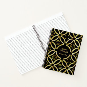 Gold & White Glitter Geometric On Black Notebook