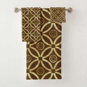 Gold & White Glitter Geometric On Brown Bath Towel Set
