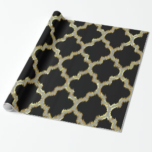 Gold & White Glitter Geometric Quatrefoil Pattern Wrapping Paper