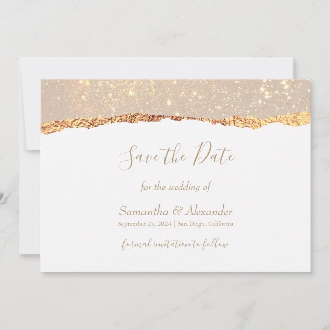  Gold White Glitter Marble Save the Date Card (Front)