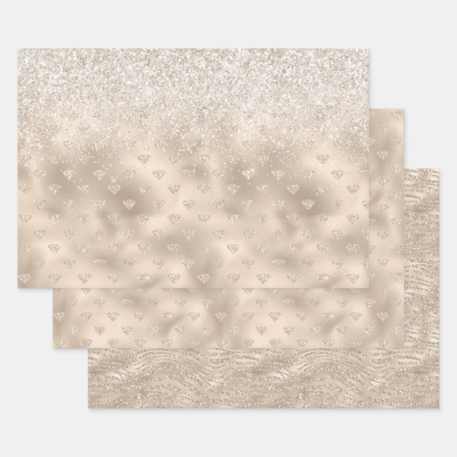 Gold White Glitz Glitter Diamonds Wrapping Paper Sheet (Set)