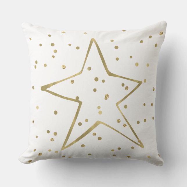 Gold White Glitzy Confetti Star Cushion (Front)