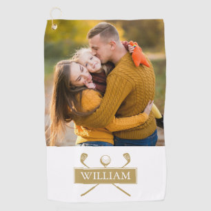 Gold White Golf Clubs And Ball Custom Name Photo Towel