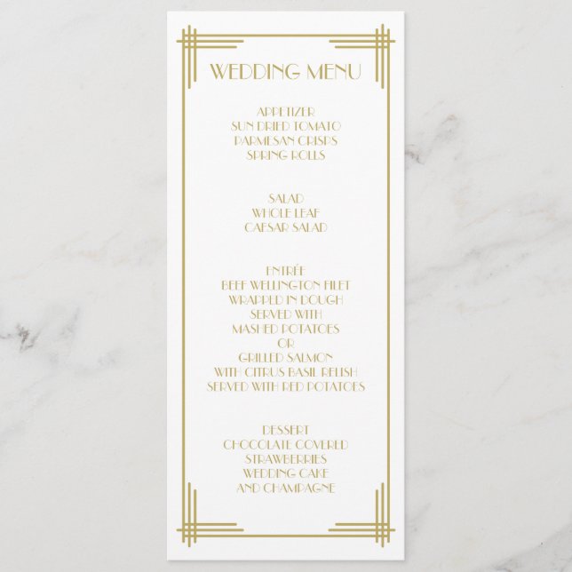 Gold White Great Gatsby Art Deco Wedding Menu (Front)