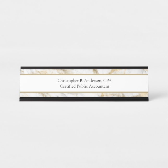 Gold White Grey Marble Business Professional Desk Name Plate (Front)
