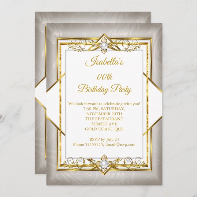 Gold White Grey Pearl beige Birthday Party Invitation (Front/Back)