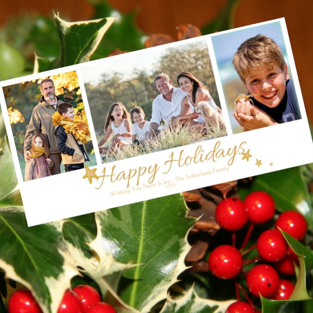 Gold & White Happy Holidays 3 Photo Collage Holiday Card (Creator Uploaded)