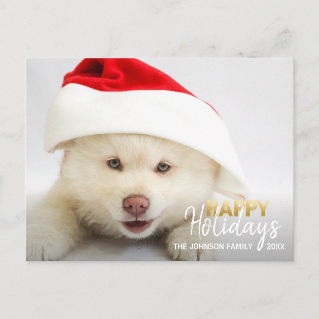 Gold White Happy Holidays Dog Puppy | PHOTO Holiday Postcard (Front)