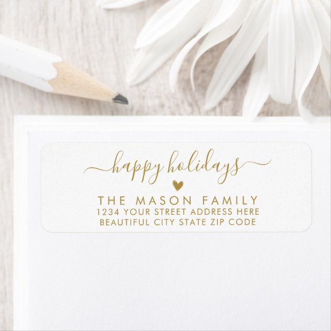 Gold White Happy Holidays Script Return Address Label (Insitu)