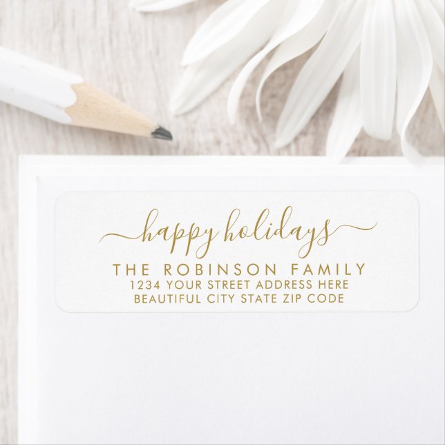 Gold White Happy Holidays Script Return Address Label (Insitu)