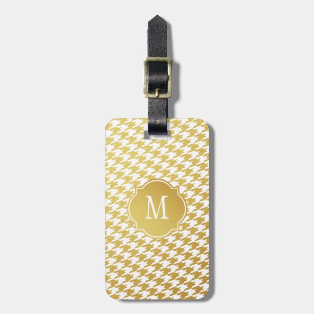 Gold & White Houndstooth Monogram Luggage Tag (Front Vertical)