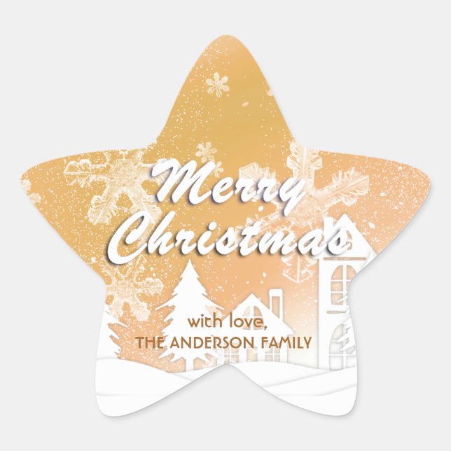 Gold White House Snowflakes Merry Christmas  Star Sticker (Front)