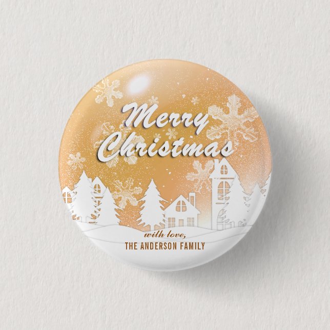 Gold White House Snowflakes Xmas Happy New Year  3 Cm Round Badge (Front)