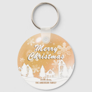 Gold White House Snowflakes Xmas Happy New Year Key Ring