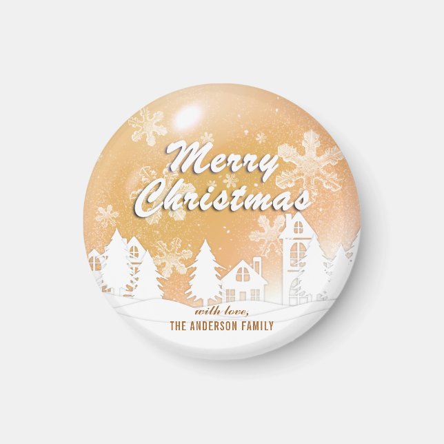 Gold White House Snowflakes Xmas Happy New Year Magnet (Front)