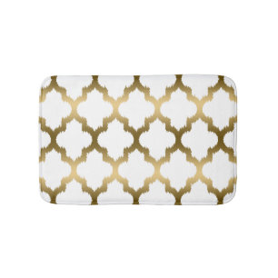 Gold & White Ikat Quatrefoil Geometric Pattern Bath Mat