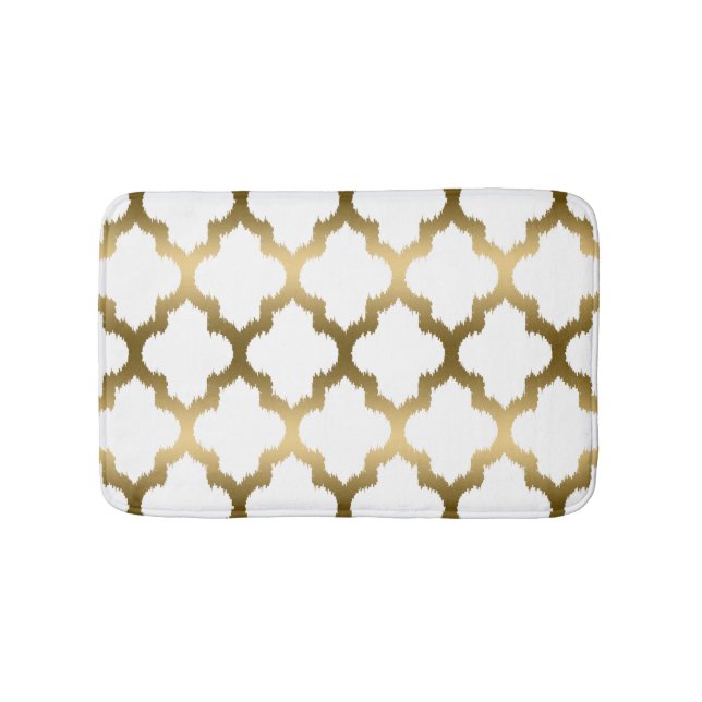 Gold & White Ikat Quatrefoil Geometric Pattern Bath Mat (Front)