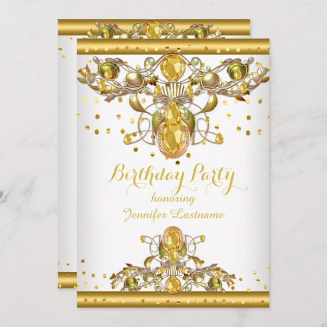 Gold White Jewelled Birthday Party Invitation 2 (Front/Back)