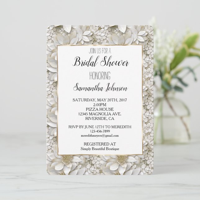 Gold White Lotus Flowers Bridal Shower Invitation (Standing Front)