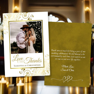 Gold & White Love & Thanks Photo & Note Wedding Thank You Card