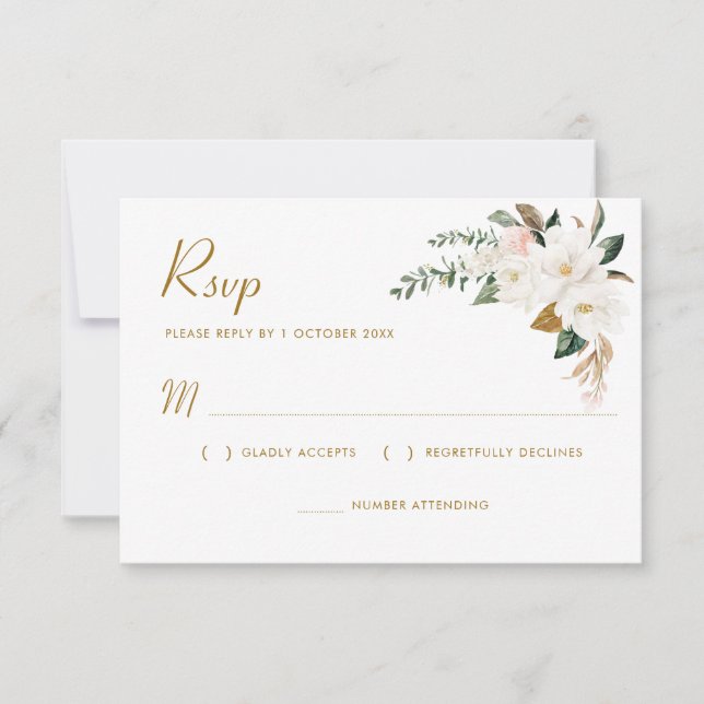 gold & white magnolia floral RSVP card (Front)