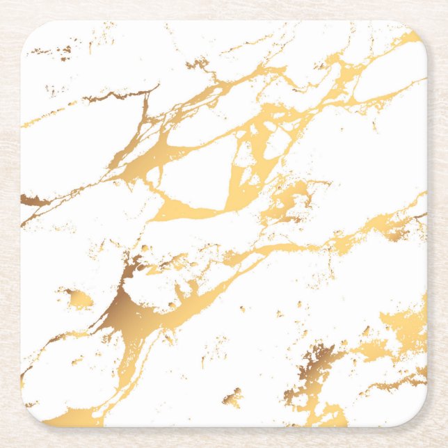 Gold White Marble AcrylicPainting The Abstract Art Square Paper Coaster (Front)