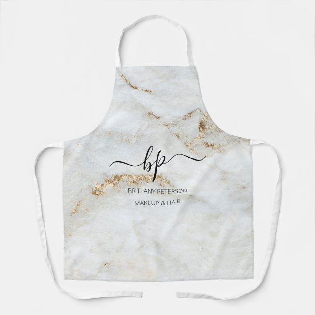 Gold White Marble Business Staff Uniform Monogram Apron (Front)