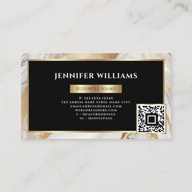 Gold White Marble Elegant QR Code Modern Business Card (Back)