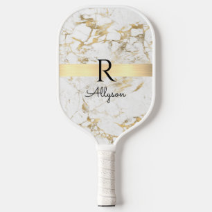 Gold & White Marble, Gold Bar, Black Name/Monogram Pickleball Paddle