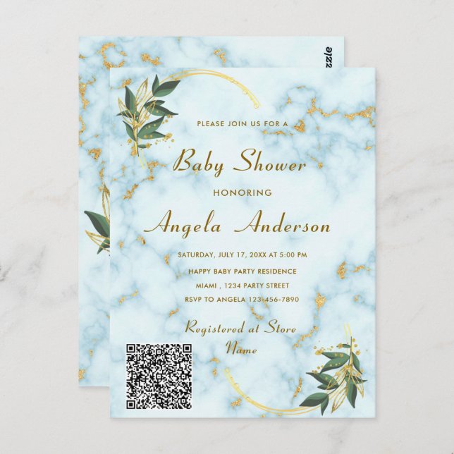 Gold White Marble QR Code Baby Shower Invitation Postcard (Front/Back)