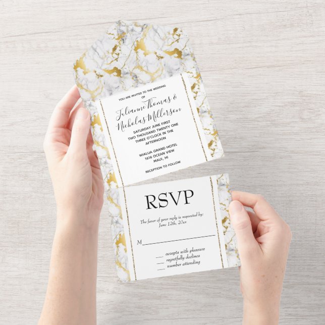Gold White Marble Wedding All In One Invitation (Tearaway)