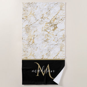 Gold & White Marble with Black Monogram Beach Towel