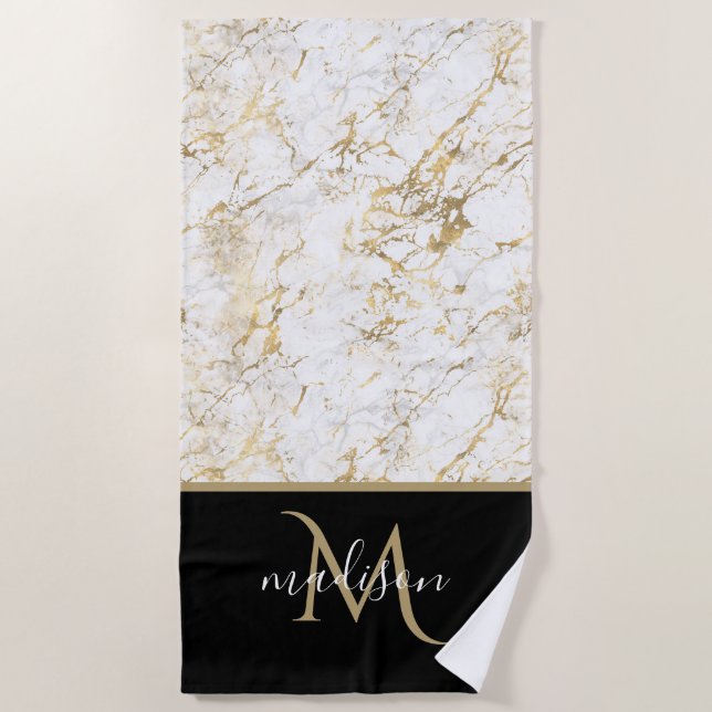 Gold & White Marble with Black Monogram Beach Towel (Front)