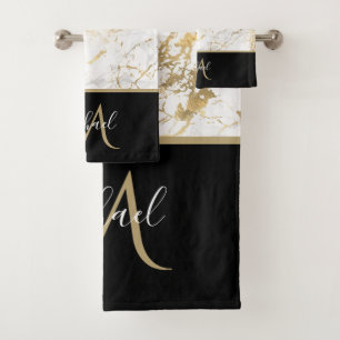Gold & White Marble with Black Monogram Luxury Bath Towel Set